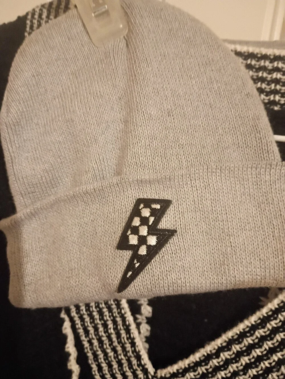 Gray Knit Beanie with Black Lightning Patch